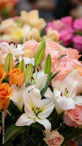 Vibrant spring bouquet with colorful roses and lilies in full bloom