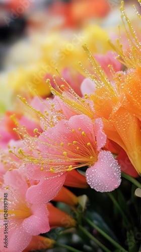 Vibrant pink and orange flowers with dew drops in close-up bloom