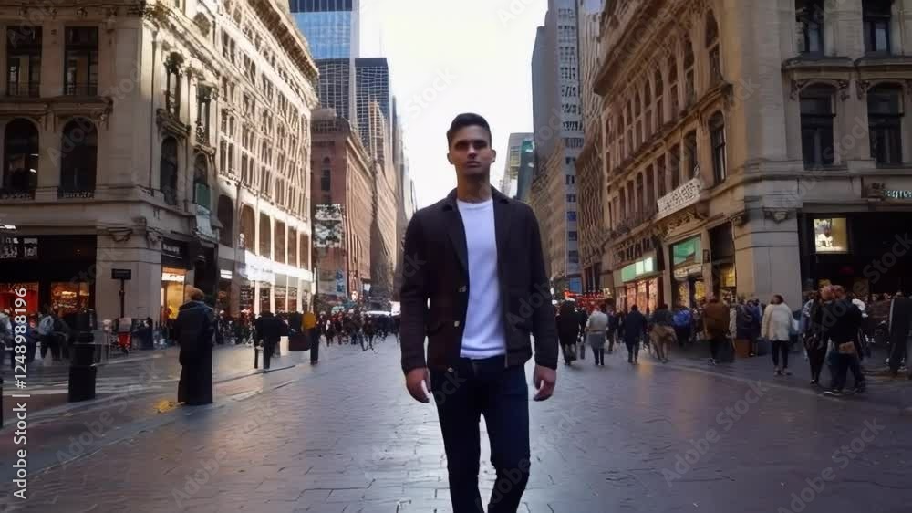A man walks down a city street in a cityscape. The man is wearing a black jacket and white shirt. The street is crowded with people walking and standing around. The scene is lively and bustling A man walks down a city street in a cityscape. The man is wearing a black jacket and white shirt. The street is crowded with people walking and standing around. The scene is lively and bustling
