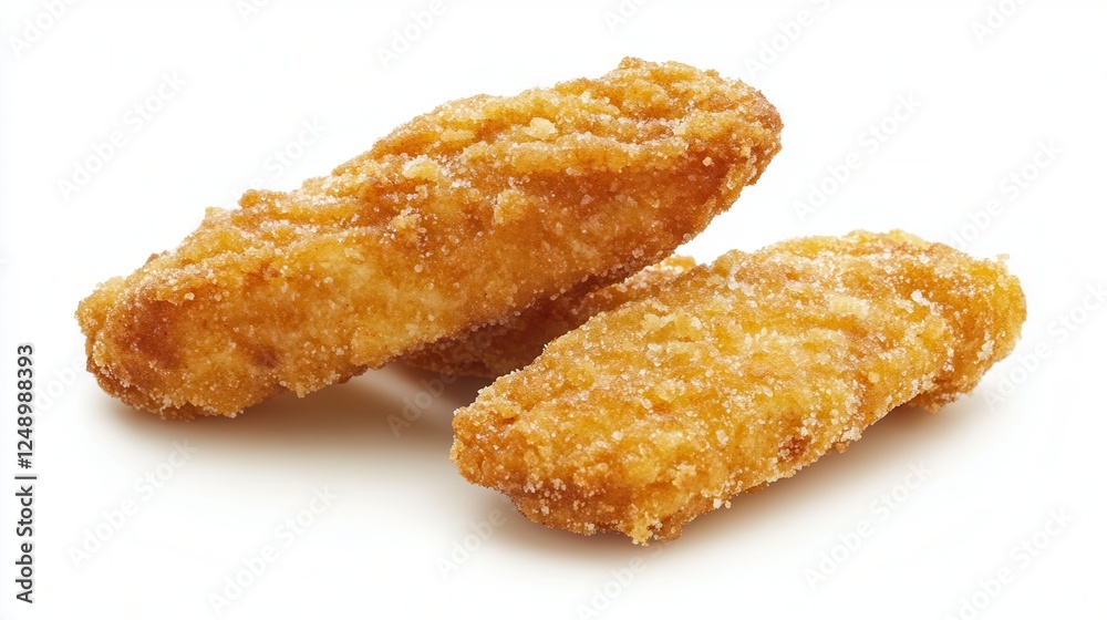 Two crispy fried chicken pieces are displayed on a clean white surface, showcasing their golden-brown texture and appetizing appearance. Two crispy fried chicken pieces are displayed on a clean white surface, showcasing their golden-brown texture and appetizing appearance.