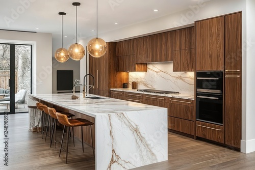 Fototapeta Naklejka Na Ścianę i Meble -  Modern Kitchen Interior with Quartz Island, Walnut Cabinets, Marble Countertop and Ambient Lighting