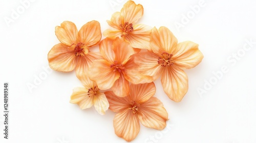 Five vibrant flowers arranged elegantly on a pristine white surface, showcasing their natural beauty and delicate features.