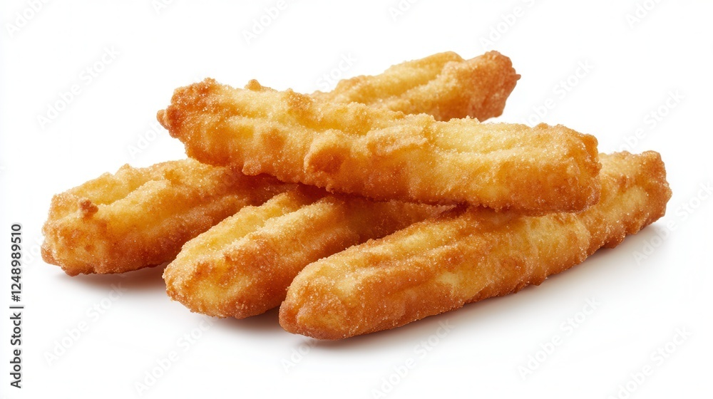 Five crispy breadsticks arranged neatly on a clean white surface, showcasing their golden-brown texture and appetizing appearance. Five crispy breadsticks arranged neatly on a clean white surface, showcasing their golden-brown texture and appetizing appearance.