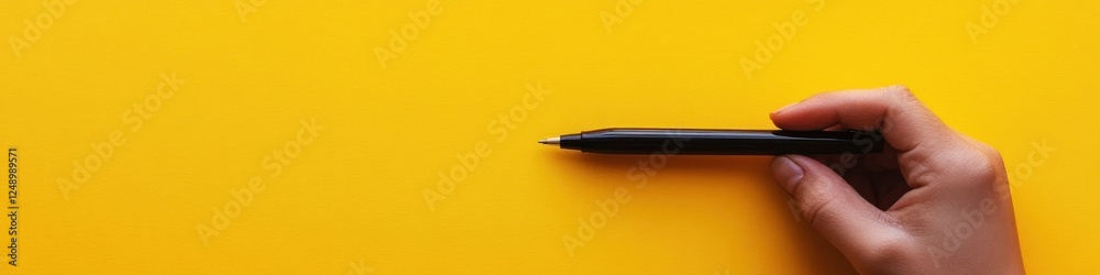 Hand Holding Pen Ready to Write on Yellow Background Hand Holding Pen Ready to Write on Yellow Background