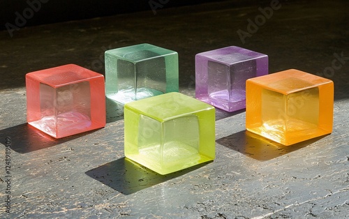 Colorful translucent cubes on dark surface, showcasing light and shadow.  Possible use Home decor, design inspiration, product photography