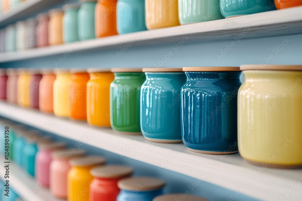 Multicolored ceramic jars on shelves. Generative AI Multicolored ceramic jars on shelves. Generative AI