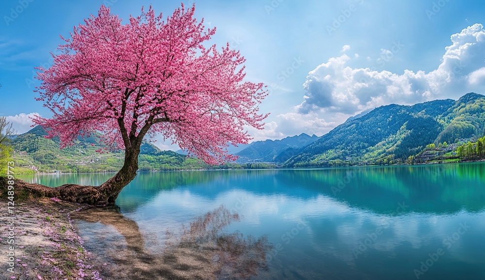 Pink Blossom Tree by Tranquil Lake: Serene Mountain View, Stunning Spring Scenery, Breathtaking Nature Photography Pink Blossom Tree by Tranquil Lake: Serene Mountain View, Stunning Spring Scenery, Breathtaking Nature Photography