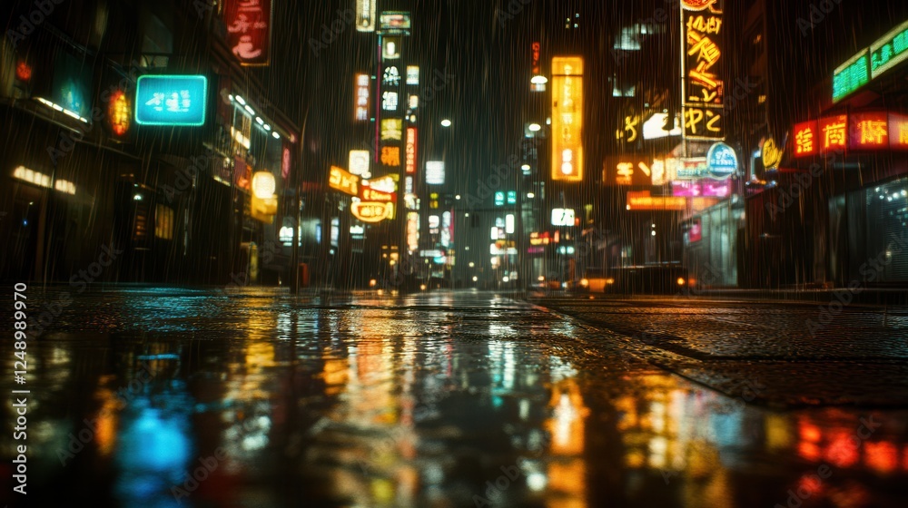 Fototapeta premium A vibrant city street illuminated by neon signs, showcasing tall buildings against a night sky, creating a lively urban atmosphere.