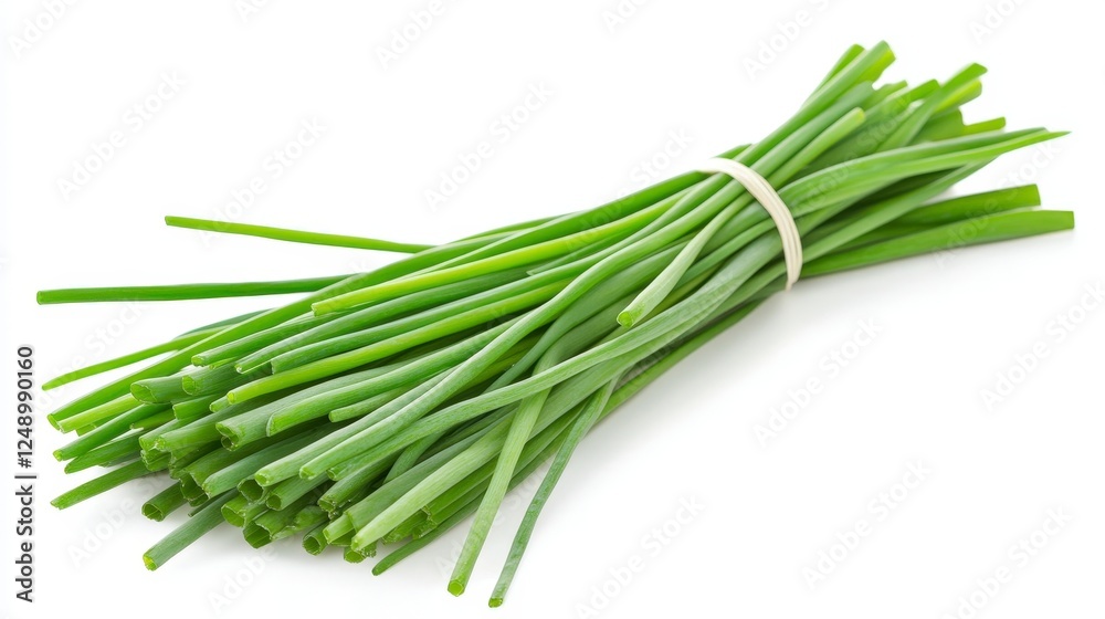 Fresh Green Chives Bunch Tied with String on White Background Fresh Green Chives Bunch Tied with String on White Background