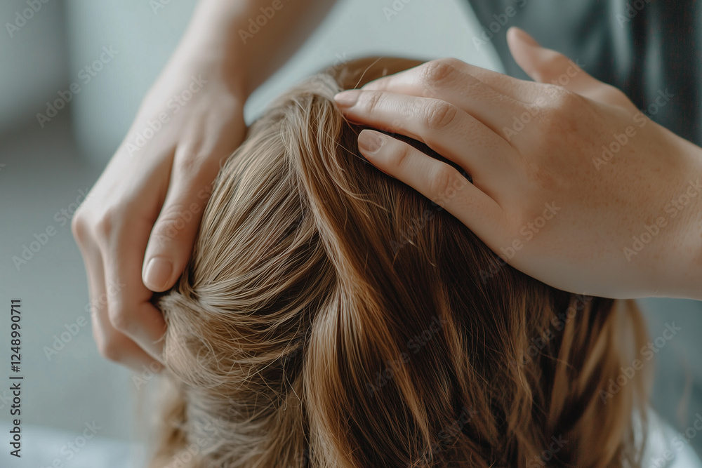 Naklejka premium Primer plano de unas manos realizando un masaje relajante en el cuero cabelludo de una mujer. El cabello castaño claro refleja suavidad y cuidado, evocando tranquilidad y bienestar.