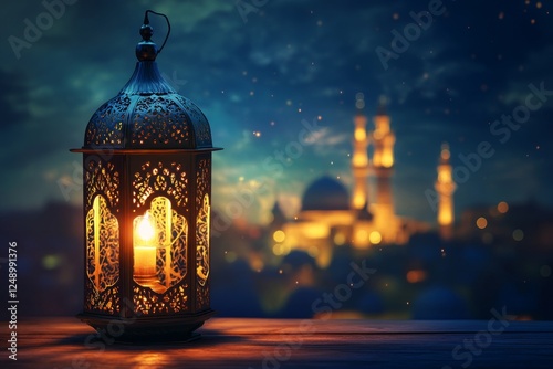 Ramadan lantern glows, mosque backdrop, night, celebration photo