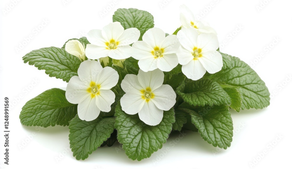 Close up view of a cluster of small, white flowers with green leaves, set against a plain white background. The flowers are in a tight grouping, and Close up view of a cluster of small, white flowers with green leaves, set against a plain white background. The flowers are in a tight grouping, and