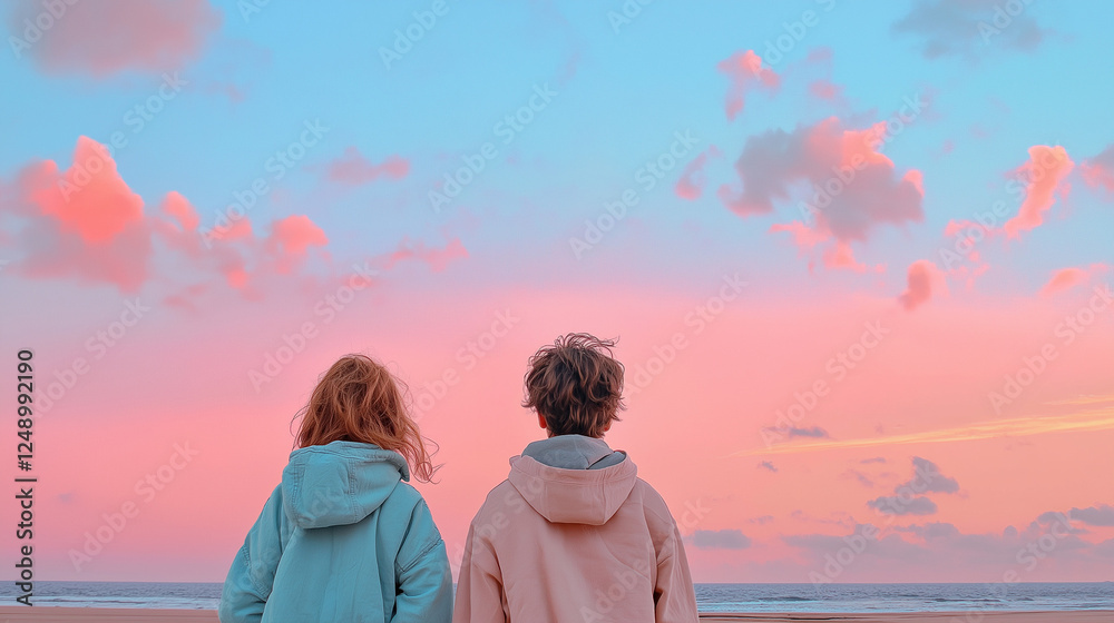 Fototapeta premium Romantic couple walking along beach at pastel pink and blue sunset with copy space