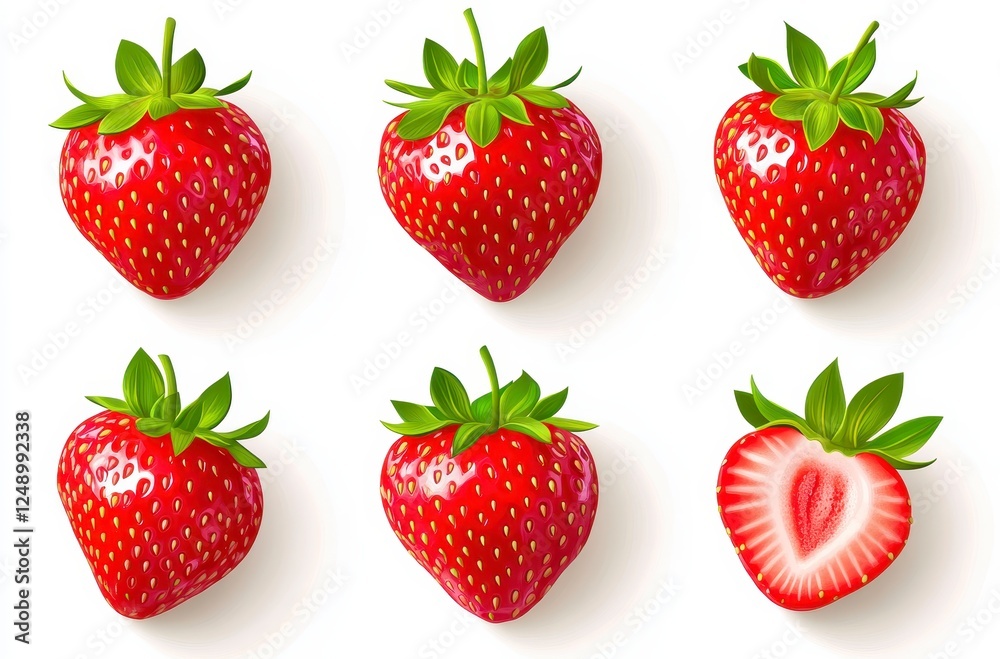 Close up view of various whole and sliced strawberries with vibrant red color and green leaves on a white background, ideal for food illustration Close up view of various whole and sliced strawberries with vibrant red color and green leaves on a white background, ideal for food illustration