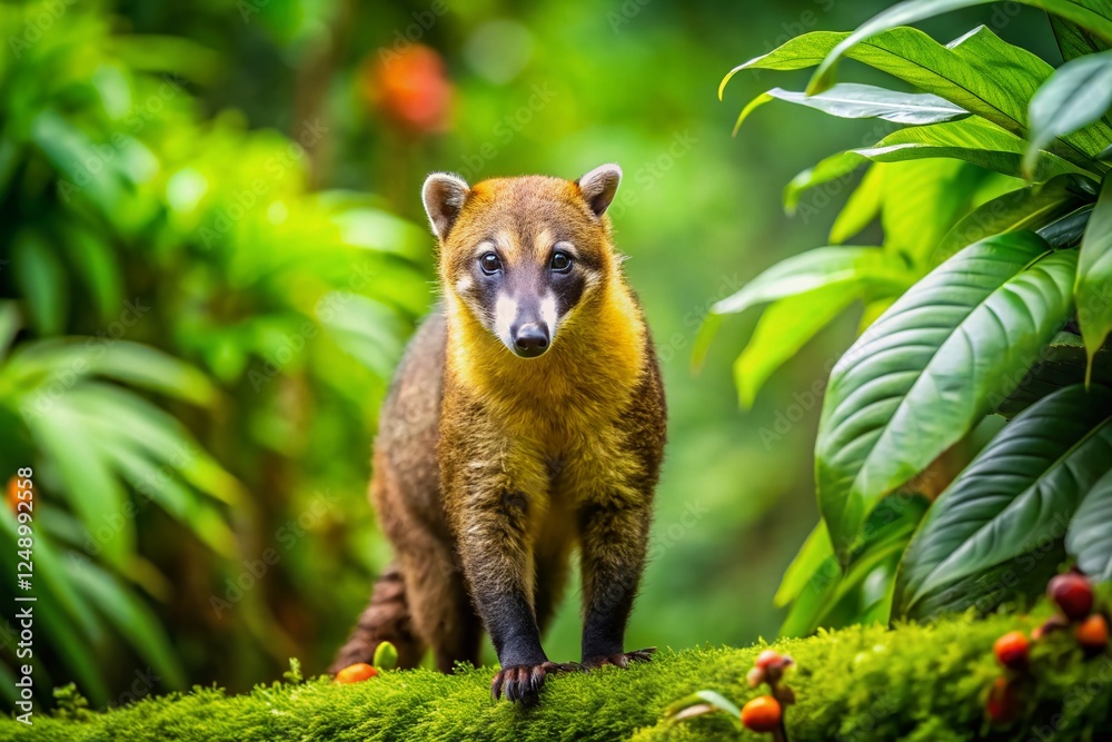 Fototapeta premium Costa Rican Coati: Wildlife Spotting in Lush Rainforest Landscape
