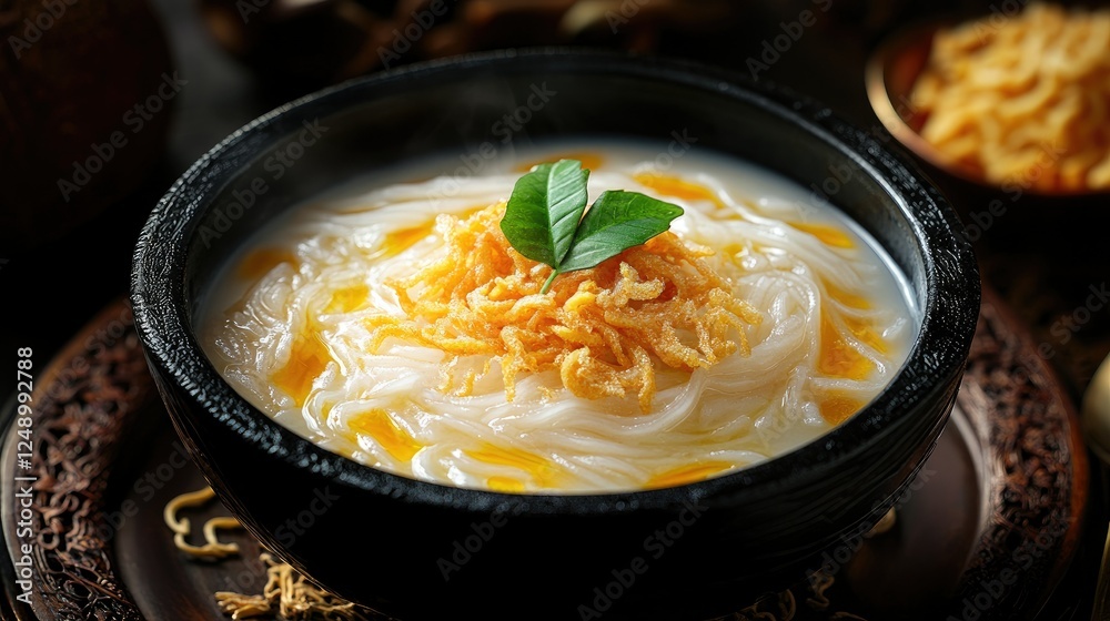 A black bowl of Lod Chong dessert, with pandan rice noodles and golden syrup floating in creamy coconut milk, styled with traditional Thai decor. A black bowl of Lod Chong dessert, with pandan rice noodles and golden syrup floating in creamy coconut milk, styled with traditional Thai decor.