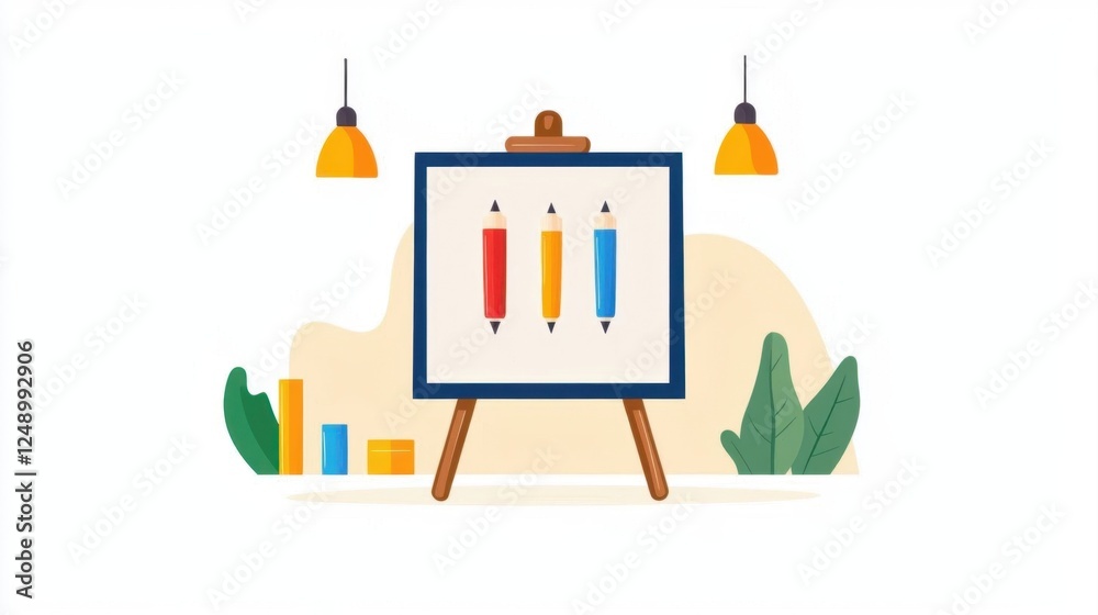Obraz premium business mindset vision focus. Entrepreneur presenting a clear business vision with focus markers on a digital board, flat design illustration