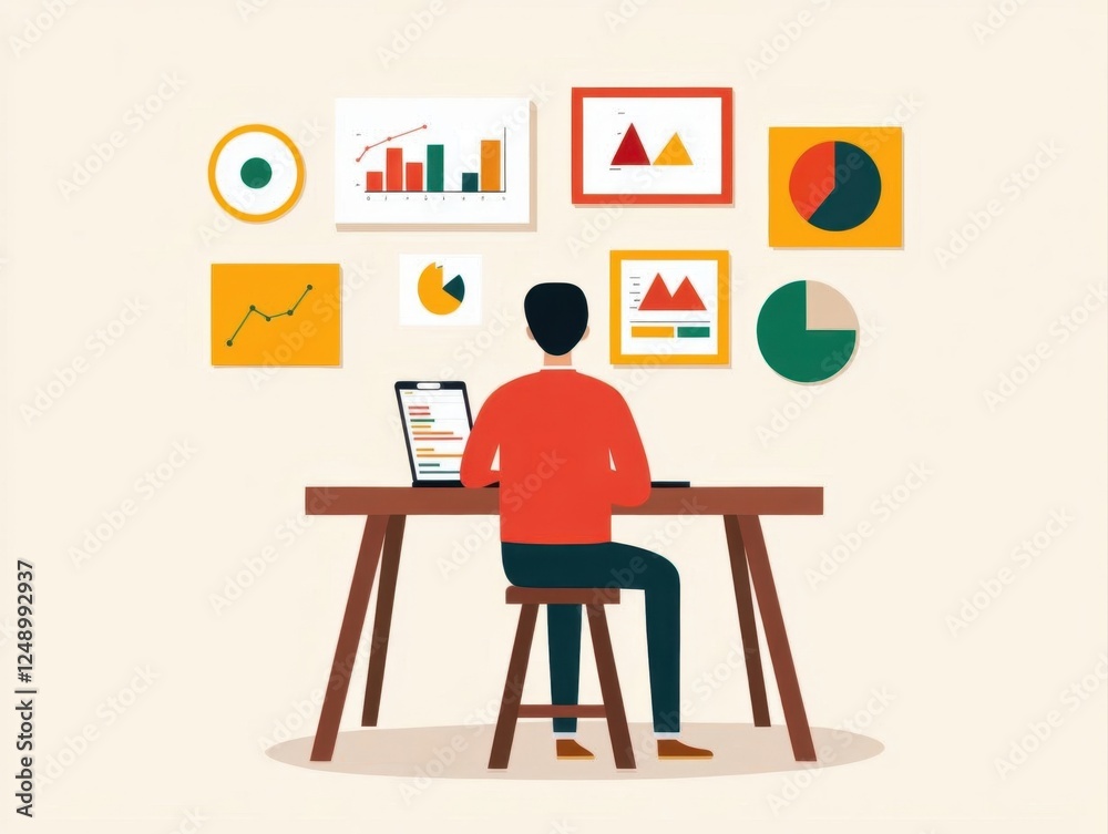 Fototapeta premium business mindset vision focus. Entrepreneur analyzing data charts, focusing on a long-term vision, flat design illustration