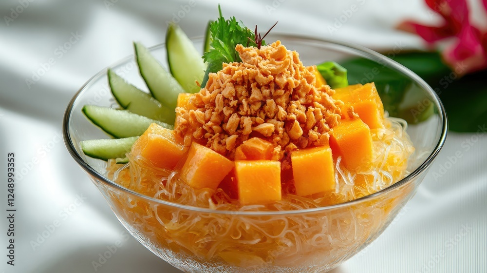 A close-up of Lod Chong with chewy pandan noodles, fresh melon cubes, and crushed ice, served in a glass bowl on a white textured background. A close-up of Lod Chong with chewy pandan noodles, fresh melon cubes, and crushed ice, served in a glass bowl on a white textured background.