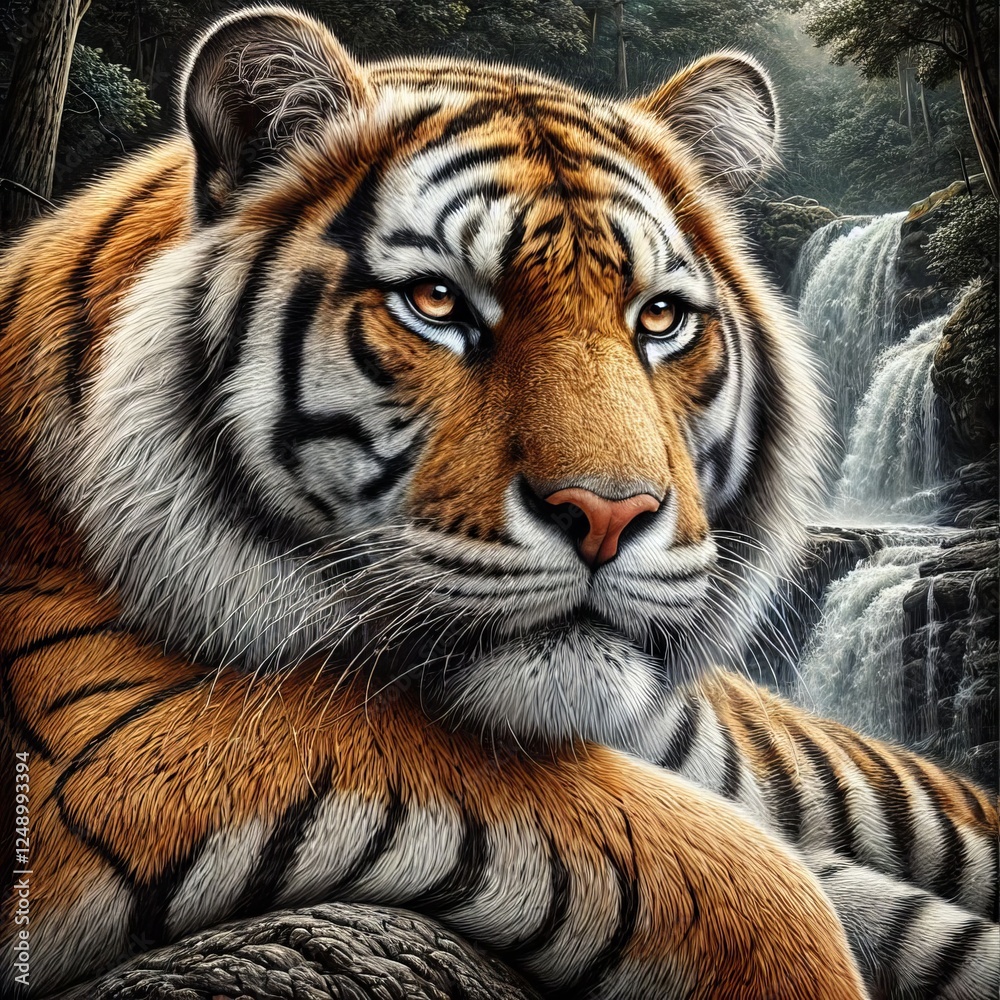 Obraz premium A close-up of a tiger depicted against a dense jungle backdrop. Detailed fur, an expressive gaze and the natural play of light and shadow highlight the power and grace of this majestic animal. 