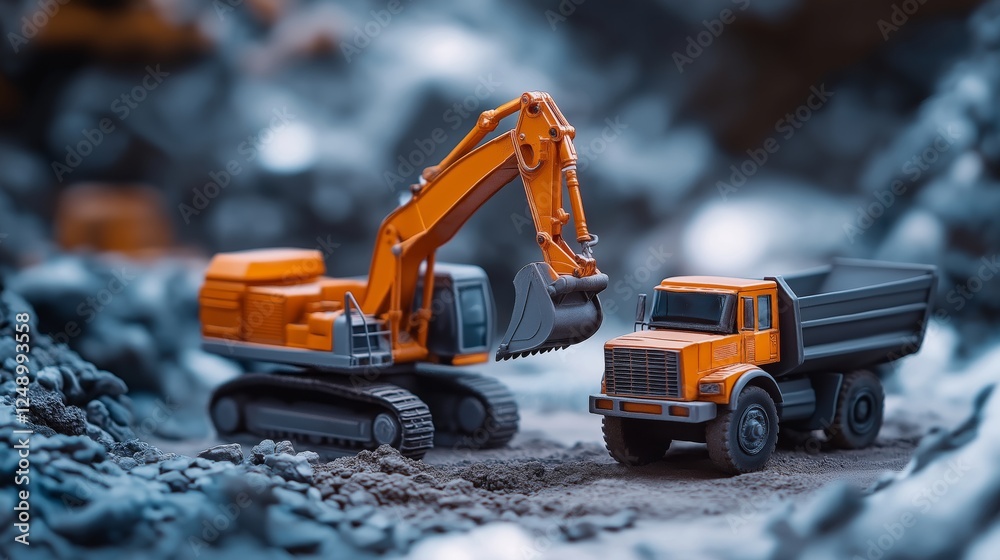 Miniature construction vehicles working on a rocky site in daylight Miniature construction vehicles working on a rocky site in daylight