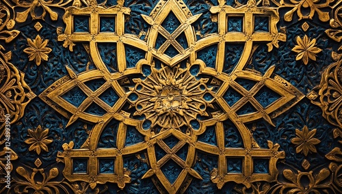 Intricate Golden Blue Ornament:  A Detailed Look at Architectural Carving, Exquisite Craftsmanship in Symmetrical Design, Ancient History's Artistic Legacy