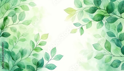 Watercolor Illustration of Leaves Green Nature Light Frame Asymmetrical Design