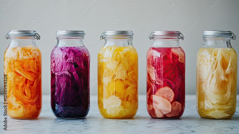 Vibrant Preserved Vegetables in Glass Jars Vibrant Preserved Vegetables in Glass Jars