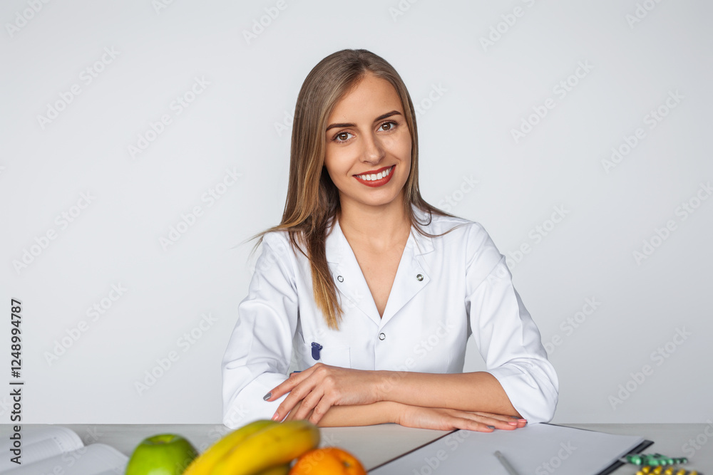 Professional nutritionist in white coat sitting at desk with fruits and documents while smiling confidently. Concepts include healthy lifestyle, professional consultation, and wellness. Professional nutritionist in white coat sitting at desk with fruits and documents while smiling confidently. Concepts include healthy lifestyle, professional consultation, and wellness.