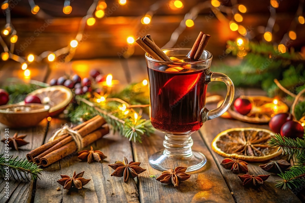 Cozy Winter Scene: Mulled Wine, Cinnamon, Star Anise, Holiday Lights & Decor Cozy Winter Scene: Mulled Wine, Cinnamon, Star Anise, Holiday Lights & Decor