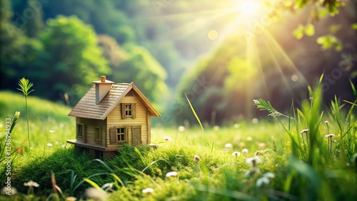 Cozy Wooden House in Lush Green Grass - Double Exposure Stock Photo