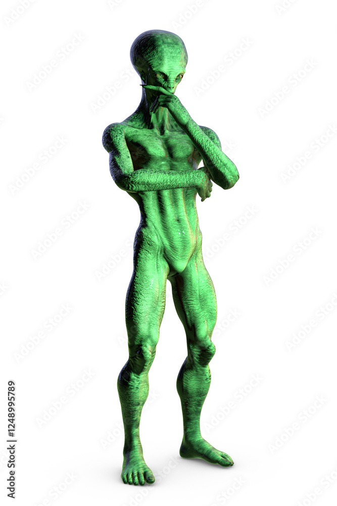 3D illustration of a humanoid alien in a standing, thoughtful pose 3D illustration of a humanoid alien in a standing, thoughtful pose