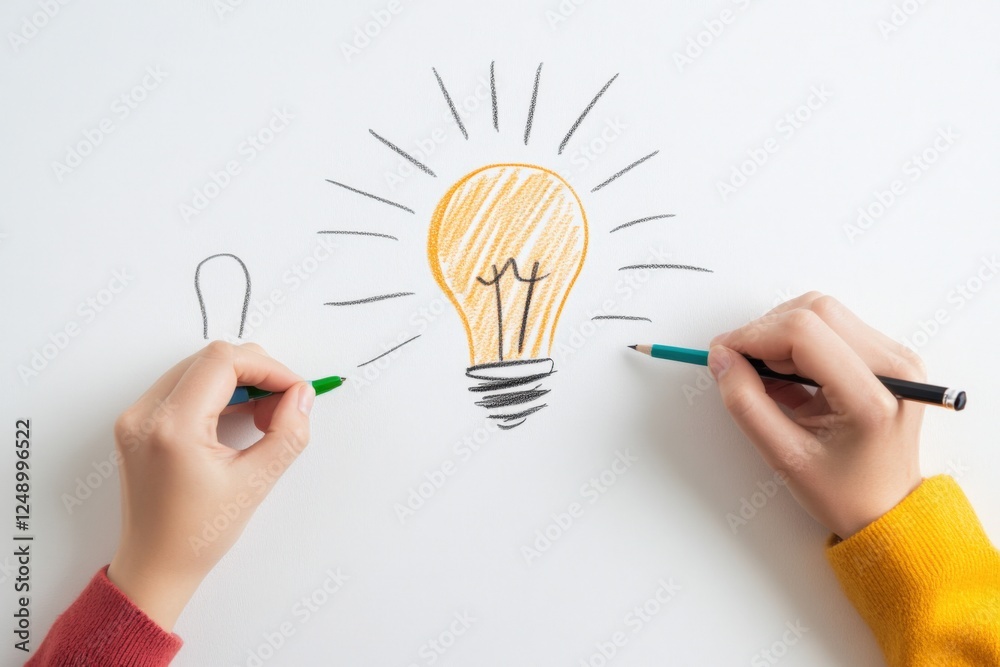 hands drawing light bulb idea on white background hands drawing light bulb idea on white background
