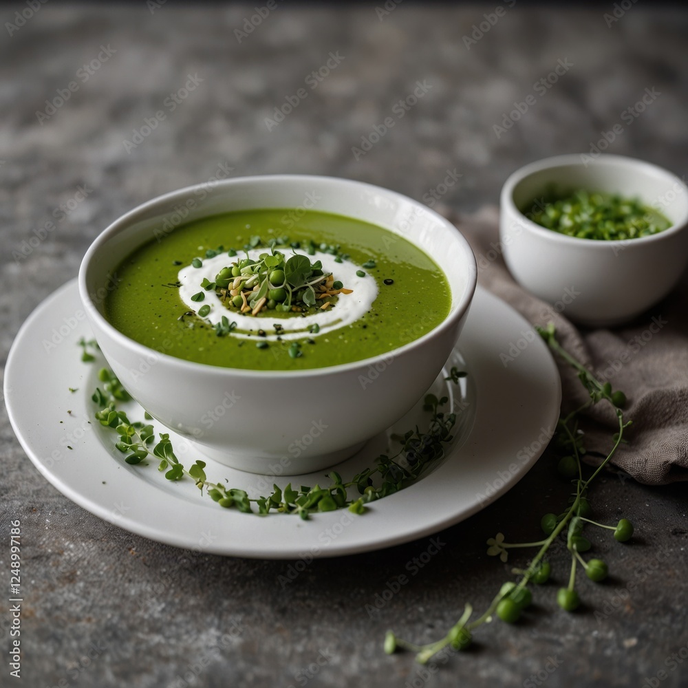 A vibrant bowl of green soup, topped with cream, microgreens, and herbs, presented on a plate. A vibrant bowl of green soup, topped with cream, microgreens, and herbs, presented on a plate.
