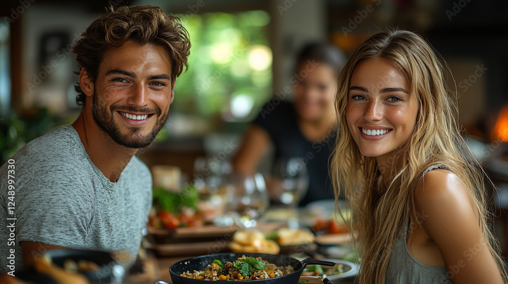 Fototapeta premium Joyful friends enjoying a vibrant meal together in a cozy, sunlit dining space surrounded by nature