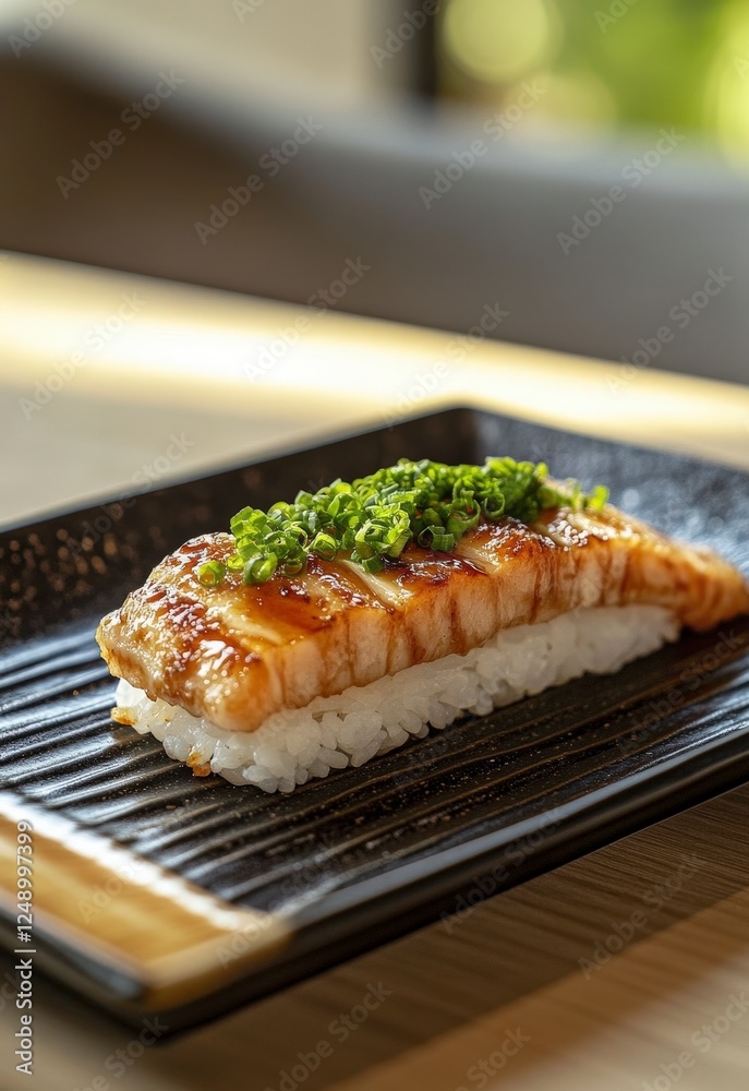 Delicious Nigiri Sushi with Grilled Fish and Green Onion Garnish Delicious Nigiri Sushi with Grilled Fish and Green Onion Garnish