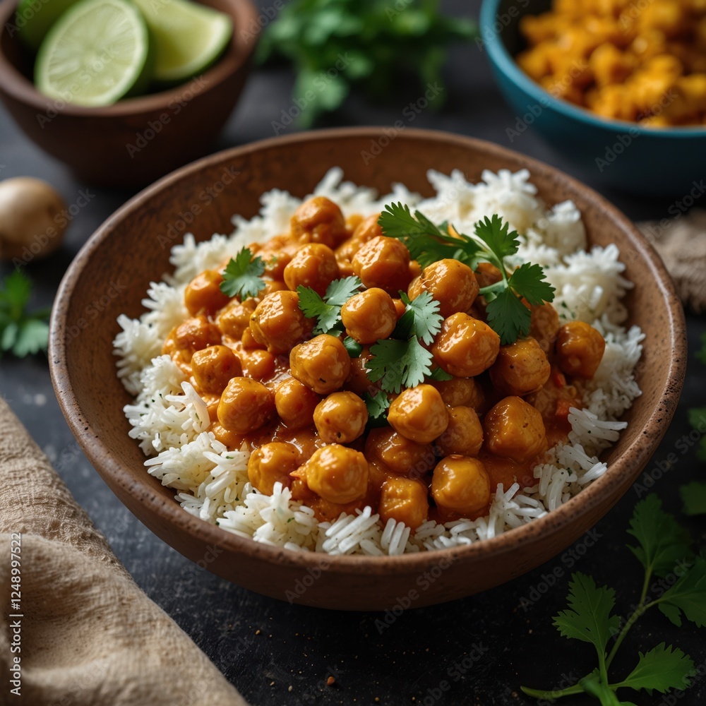 A wooden bowl filled with rice topped with orange-sauced balls, garnished with fresh green cilantro.