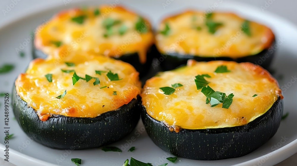 Delicious baked zucchini rounds topped with melted cheese and fresh parsley, styled on a gray background with selective focus. Delicious baked zucchini rounds topped with melted cheese and fresh parsley, styled on a gray background with selective focus.