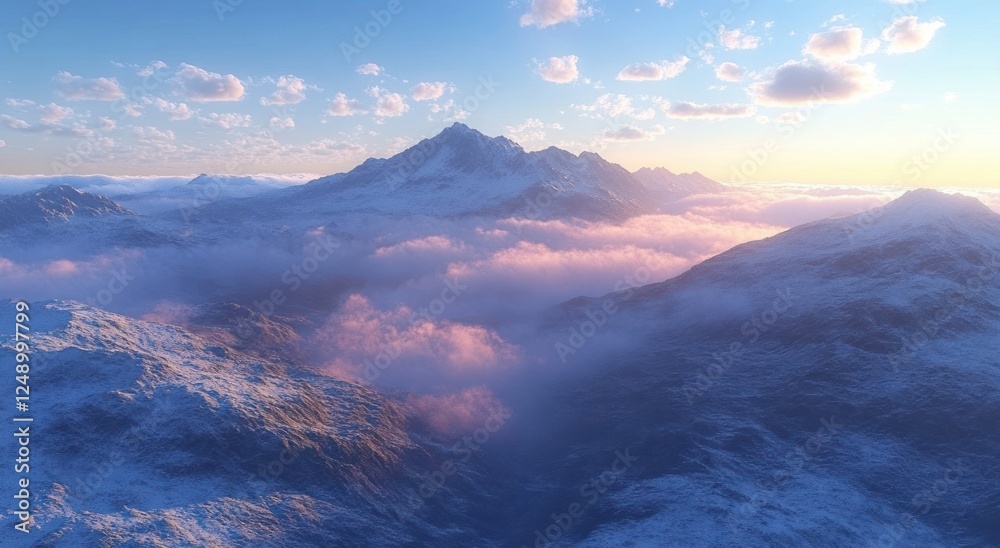 Fototapeta premium Breathtaking Mountain Landscape at Dawn with Soft Pastel Sky and Rugged Peaks