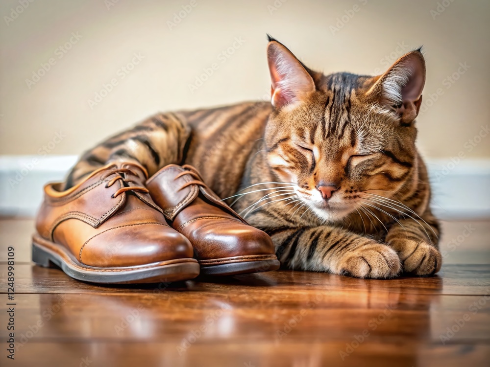 Fototapeta premium Cute Brown Kitten Sleeping Peacefully in Shoes on Hardwood Floor - Stock Photo