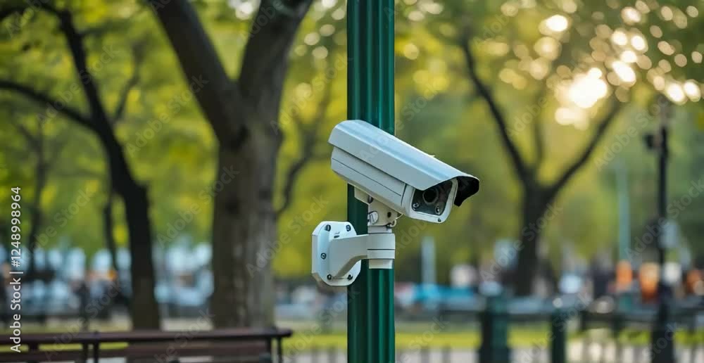 a security camera mounted on a pole in a park setting
