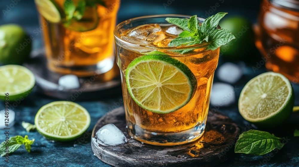 Iced tea with lime and mint in glass. Iced tea with lime and mint in glass.