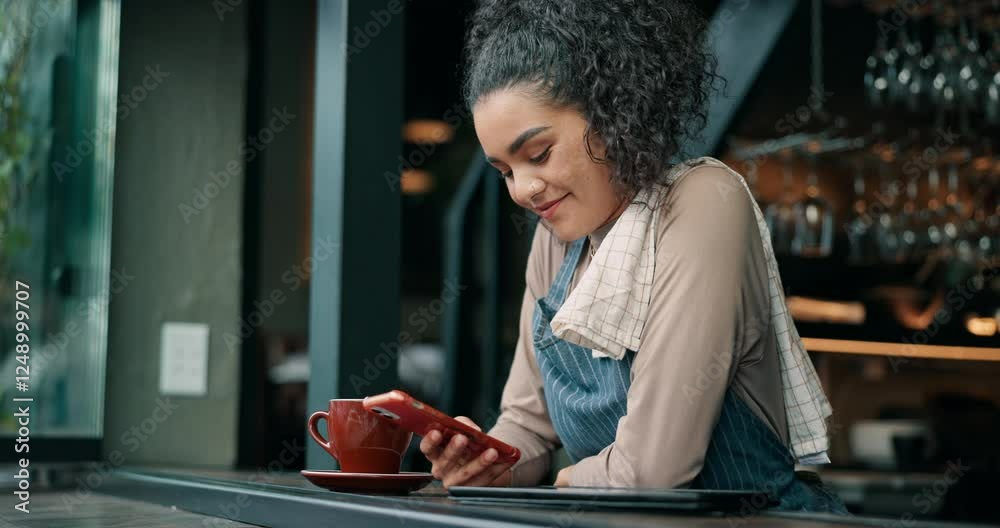 Phone, waitress and thinking with woman in cafe for restaurant promotion, social media post and chat. Hashtag campaign and customer engagement person in coffee shop for loyalty program sign up
