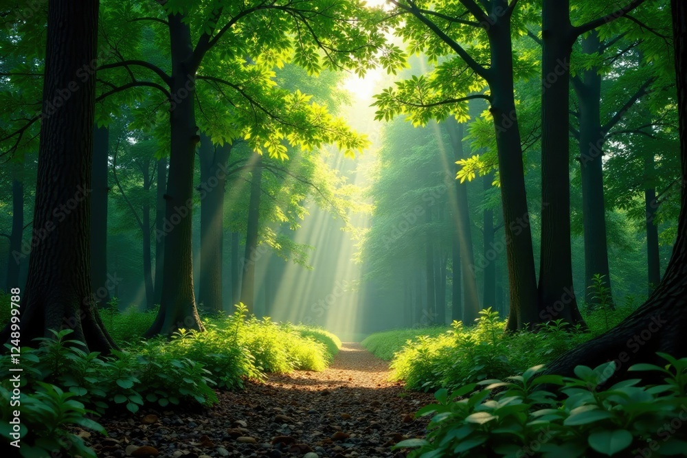 Obraz premium Dense foliage blocks sunlight, casting dappled shadows on forest floor, dense canopy, nature, forest life