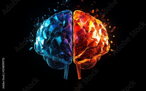 Geometric brain split into colorful polygonal sections, dynamic light effects showcasing dyspraxias complexity, sharp and photorealistic style photo