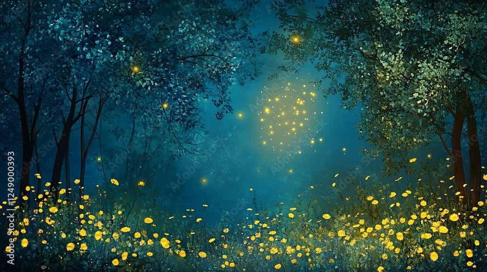 Enchanted Firefly Forest at Night: Digital Painting of Luminescent Meadow AI Generated Enchanted Firefly Forest at Night: Digital Painting of Luminescent Meadow AI Generated