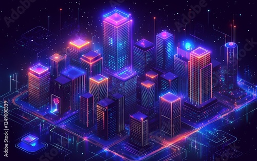 Smart city on a dark blue background with glowing connected buildings, intelligent infrastructure, IoT, 5G, and AI integration, futuristic design, generative AI photo