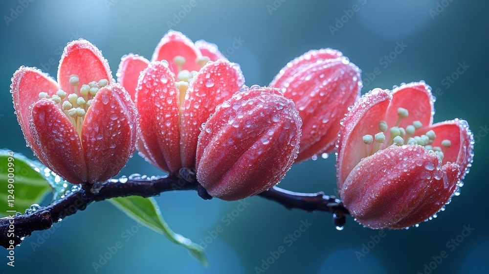 Dew-kissed pink flowers on a branch. Dew-kissed pink flowers on a branch.
