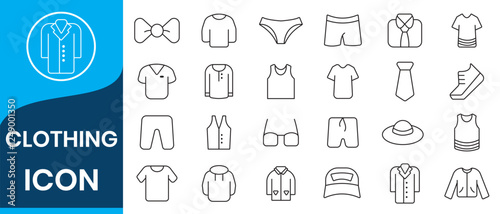 Clothes web line icons. Fashion icons. T-shirt, Pants, Jacket, Dress, Short, Shoe, Shirt symbols. vector illustrations.