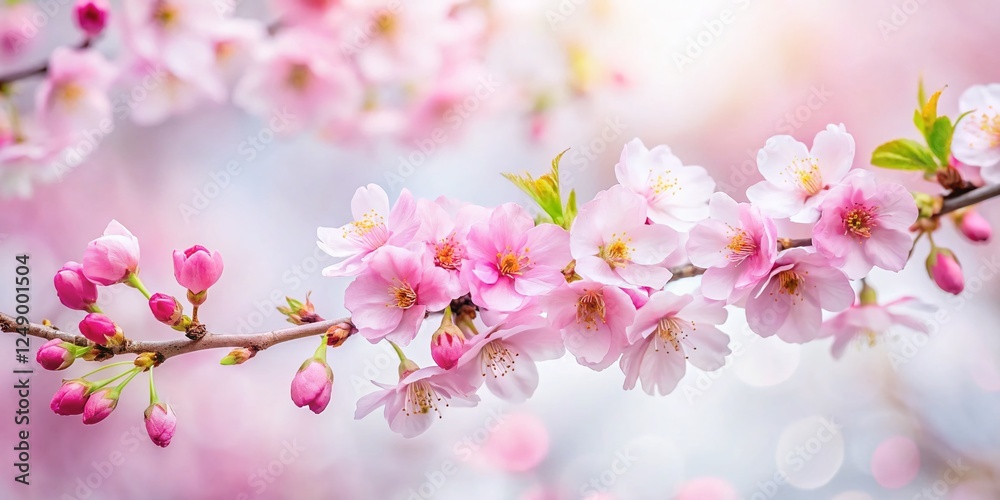 Delicate Pink Cherry Blossom Branch, Spring Bloom, Tilt-Shift Photography, Soft Focus, White Background Delicate Pink Cherry Blossom Branch, Spring Bloom, Tilt-Shift Photography, Soft Focus, White Background